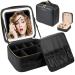 Extrei Gent Makeup Travel Train Case with Mirror LED Light 3 Adjustable Brightness Cosmetic Bag Portable Storage Adjustable Partition Waterproof Makeup Brushes Makeup Jewelry Gift for Women Black