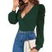 Fayenne Womens Tops Deep V Neck Cross Wrap Sexy Tops Polka Dot Mesh Long Sleeve T Shirt Casual Blouses M Dark Green