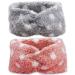 FROG SAC 2 Fuzzy Winter Headbands for Girls, Polka Dot Sherpa Ear Warmer Headband for Kids, Wide Pink and Grey Furry Ear Warmers for Girls, Cold Weather Thick Stretch Elastic Knot Hair Accessories Pink/Grey Polka Dot