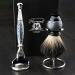 4Pc Mens Shaving Kit 3 Edge Razor With Black Badger Hair Shaving Brush Cone Shaped Razor Stand and Brush Stand Perfect Set For Men