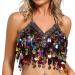 Women Sequins Bra with Coins Belly Dance Halter Top Bra Halloween Rave Costume One Size Black