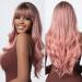 Allbell long wavy pink wigs with bangs dirty pink synthtic wigs for women heat -resistant cosplay daily use hair replacement