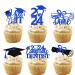 18pcs Blue Glitter Dessert Cupcake Topper Congrats Class of 2024 Dentist Theme Decorations 2024 Preschool High School College Graduation Party Decor Supplies