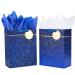 SUNCOLOR 2 Pack 13" Large Gift Bags for Fathers Day Birthdays Day Gift Bags With Tissue Paper Blue White