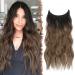 FESHFEN Invisible Wire Hair Extensions with Transparent Wire Adjustable Size with 2 Secure Clips Synthetic Hair Piece Long Wavy Secret Headband Hairpieces for Women 16 inch Ombre Brown