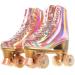 JajaHoho Roller Skates for Women, Holographic High Top PU Leather Rollerskates, Shiny Double-Row Four Wheels Quad Skates for Girls and Age 8-50 Indoor Pink Rose Gold Rose Gold US 5