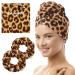 THE PERFECT HAIRCARE Microfiber Hair Towel Wrap + 2 Smooth Large Hair Drying Tie for Wet Hair - Anti-Frizz Gentle Absorbent Hair Scrunchies or Face Washing Wristband Leopard