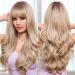 EMMOR Ombre Blonde Wavy Wigs for Women Highlight Color Wigs with Bangs Long Curly Heat Resistant Fiber Synthetic Wig Natural looking for Daily Use 56Blonde Ombre