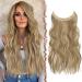 FESHFEN Invisible Wire Hair Extensions with Transparent Wire Adjustable Size with Clips Synthetic Hair Piece Long Wavy Secret Headband Hairpieces for Women 16 inch Light Brown Highlighted Blonde
