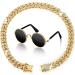 2 Pieces Gold Cat Dog Chain Collar and Sunglasses Set Rhinestone Cuban Collar Chain with Design Secure Buckle Retro Round Glasses for Dogs Cats Party Cosplay Costumes Funny Photo Props (12 Inch)