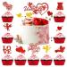 19pcs Happy Valentine's Day Cake Topper Glitter Paper Cupcake Toppers Pattern Heart Bear Rose Love Dessert Picks Cake Decoration for Valentine's Day