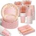 175PCS Pink and Rose Gold Plates Napkins Party Supplies, Severs 25 Disposable Party Plates, Plastic Forks Knives Spoons, Golden Dot Paper Plates, Napkins Cups for Baby Shower Decorations Pink Party 175 PCS Pink and Rose Gold Glitter