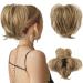 HOOJIH Messy Bun Hair Piece Claw Clip in Straight Hair Bun 9 Inch Short Ponytail Extension with Bendable Metal Wire Hair Pieces for Women Fake Pony DIY Styles - Medium Brown with Blonde Highlights