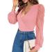Fayenne Womens Tops Deep V Neck Cross Wrap Sexy Tops Polka Dot Mesh Long Sleeve T Shirt Casual Blouses S Deep Pink