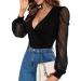 Fayenne Womens Tops Deep V Neck Cross Wrap Sexy Tops Polka Dot Mesh Long Sleeve T Shirt Casual Blouses S Black
