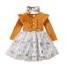 Haokaini Toddler Baby Girls Floral Dress Long Ruffle Sleeve Cotton Ribbed Bow Splicing Dress Princess Tutu Skirt Fall Clothes Set 3-4 Years Plus Khaki