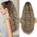 26 Inch Ponytail Extension Synthetic Long Hair Pieces for Women Soft Natural Pony Tails Extensions Drawstring Ponytail Hair Extension for Daily Use (Ash Brown with Platinum Blonde Highlights) Drawstring-Ash Brown with Platinum Blonde Highlights