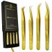 Alishba Beauty Eyelash Extension Tweezers  Precision Fiber Tip Grip Japanese Stainless Steel (Set of 4 Eyelash Tweezer Gold)