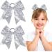 2 PCS 8 Large Glitter Cheer Bows Sequin Cheer Hair Bows Handmade for Jumbo Cheerleading Teen Girls Sports (Silver)