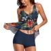 Floral Print Modest Tankini Swimsuit Set with Boyshorts, Tummy Control - Large Navy - Buy Online on GoSupps.com