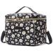 Travel Makeup Bag for Women, Scorila Large Cosmetic Case Organizer Fits Bottles Vertically, Toiletry Bag with Adjustable Dividers and Brush Holder, Portable Storage Bag with Strap for Girls, Black with White Flower
