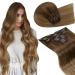 Laavoo clip in real hair hair extension brown balayage 60cm remy clip extensions hair smooth 105g 7pcs clip human hair double weft #6/8/14 medium brown and light brown ombre dark gold blond 60cm-105g 1.4 #6/8/14