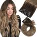 Moresoo real hair Extensions clip balayage remy clip in extensions real hair ombre double tresse hair extension real hair clips dark brown to brown with dark ashblond #4/10/16 pcs/120g 55cm