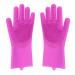 Home Beyond 2-Pack Magic Silicone Household Cleaning Gloves with Rubber Sponge Scrubber Reusable Dishwashing Kitchen Gloves Dark Pink