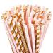 ALINK Biodegradable Paper Straws, 100 Pink Straws / Gold Straws for Party Supplies, Birthday, Wedding, Bridal / Baby Shower, Christmas Decorations and Holiday Celebrations