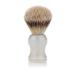Shaving brush made of marbled curved plastic with silver plucking