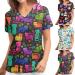 Cat Flower Print V Neck Scrub Top - XX-Large - Black | Nurse Uniform with Pockets - Buy Online on GoSupps.com