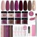 AZUREBEAUTY Dip Powder Nail Kit Starter Glitter Purple Nude Brown 8 Colors 30 Pcs with Nail Swatch Sticks Dipping Powder Liquid Set Matte Top Coat for Fall Winter Nail Art Manicure Salon DIY Home Glitter Brown Purple