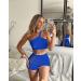 OQQ Women's Ribbed Seamless 3-Piece Workout Set - Blue | Sports Bra, One Shoulder Top, High Waist Shorts - Size Small - Buy Online on GoSupps.com