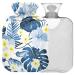 NAANLE hot water bottle with cover plumeria flowers palm leaf Transparent hot water bottle heat bottle for back pain relief handfoot warmer neck warmth and cold therapy 2l