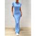 Maxi Dress for Women Short Sleeve Solid Color Round Neck Sexy Soft Elegant Long Bodycon Dresses M Blue - Buy Online on GoSupps.com