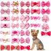 JpGdn 30PCS/15PAIRS Pink Dog Hair Bows with Rubber Bands Puppy Hair Bowknot Top Knot Elastic Radom Pattern for Girl Female Doggy Poodle Pet Animal Grooming Accessories Attachment