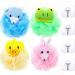 4 Pieces Animal Bath Sponge Cute Shower Sponge Colorful Cartoon Body Scrubber Balls Animal Pouf Loofahs Mesh with 4 Pieces Transparent Adhesive Hooks for Kids Adults Gifts