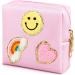 Preppy Patch Period Bag for Teen Aged Girls Sanitary Napkin Storage Bag Functional PU Leather Sanitary Pad Bags for Panty Liners Tampons Menstrual Cup Pouches Sanitary Pads Organizer with Zipper Pink