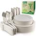 BIRCHIO 250 Piece Biodegradable Paper Plates Set (EXTRA LONG UTENSILS), Disposable Dinnerware Set, Eco Friendly Compostable Plates & Utensil include Plates, Forks, Knives and Spoons for Party Cream White 250PCS Dinnerware Set