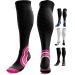 aZengear Compression Socks (20-30mmHg) Anti DVT Air Flying Knee-High Flight Travel Stockings Swollen Legs Varicose Veins Running Shin Splints Calf Pressure Support Sports L/XL Black w/Pink