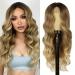 Blonde Wig for Women Long Ombre Blonde Wavy Wig Middle Part Synthetic Hair Curly Wave Wig Natural Looking Heat Resistant Fiber Wig for Daily Party Use
