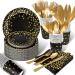 175PCS Black and Gold Party Supplies, Severs 25 Disposable Party Dinnerware, Gold Plastic Forks Knives Spoons and Golden Dot Black Paper Plates, Black Napkins Cups for Graduation, Birthday, Wedding