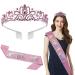 Pedenty Birthday Crown Tiara Sash Set for Girls Women - Metal Crown with Pink Rhinestones & Pink Glitter Birthday Girl Sash Birthday Gifts for Women Kids  Sweet Happy Birthday Accessories