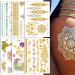 6 Sheets Gold Henna Temporary Tattoos for Women Girls Lace Fake Tattoo Stickers Mystery Sexy Mandala Flower Body Art Design Waterproof Henna Sticker DIY Goddess Look
