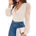 Fayenne Womens Tops Deep V Neck Cross Wrap Sexy Tops Polka Dot Mesh Long Sleeve T Shirt Casual Blouses XXL Beige