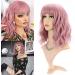FAELBATY Short Wave Pink Bob Wig with Bangs - Shoulder Length Curly Wavy Synthetic Cosplay Wig for Women and Girls - Pastel Pink Costume Wig - Buy Online on GoSupps.com