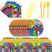 107 PCS Birthday Tableware Set Rainbow Friends Theme Cartoon Plates and Napkins for Party Colorful Balloons Birthday Party Disposable Tableware Set for 24 Guests