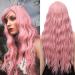 YEESHEDO 28 Inch Long Hair Pink Wigs for Women Natural Curly Wavy Synthetic Wigs with Fringe for Party Cosplay or Daily Wear