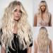 Kellynee Ombre Blonde Long Wavy Wig with Bangs - Dark Roots Subtle Blend of Light Brown and Light Gold - Effortlessly Stylish for Daily Wear Parties and Special Occasions