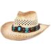 La Vogue Straw Cowboy Hat for Women Men Classic Roll up Brim Fedora Cowgirl Hat with Turquoise Belt Brown